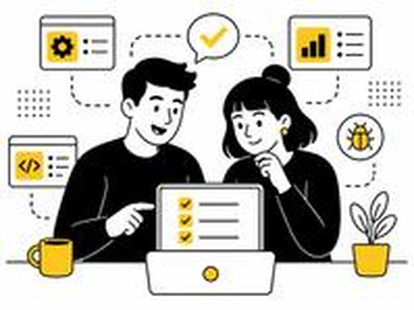 Illustration : deux collègues vérifient une liste de tests sur un ordinateur
