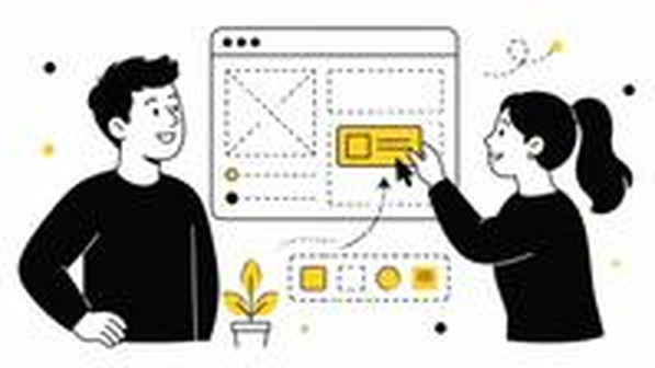Illustration : deux collègues assemblent une interface logicielle